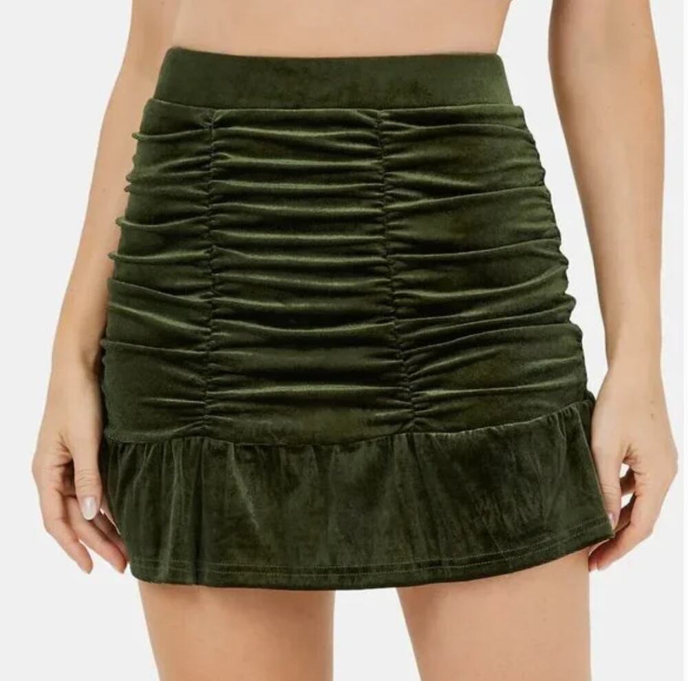 Halara Dark Green Velvet Mini Skirt with  Ruched Ruffle Hem Small